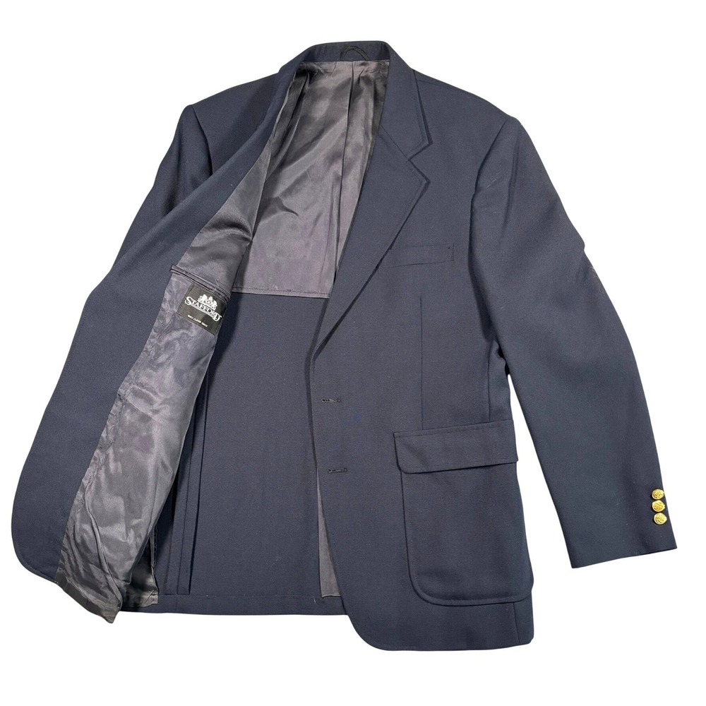 VTG Stafford Navy Blue Sport Coat Blazer Gold Crest Buttons 42R Ivy League